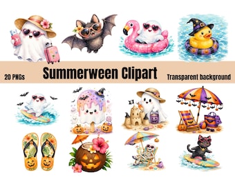 May include: A collection of Summerween clipart featuring ghosts, a bat, a rubber duck, a skeleton, and a cat in summer settings. Elements include beach gear, tropical flowers, pumpkins, surfboards, and pool floats. The text reads Summerween Clipart.