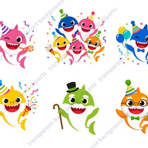 Peut inclure: Plusieurs illustrations de requins de dessins anim&eacute;s aux couleurs vives, chacun portant un chapeau de f&ecirc;te et c&eacute;l&eacute;brant. Certains requins tiennent des cadeaux de f&ecirc;te, des ballons ou des cadeaux, avec des confettis et des serpentins.