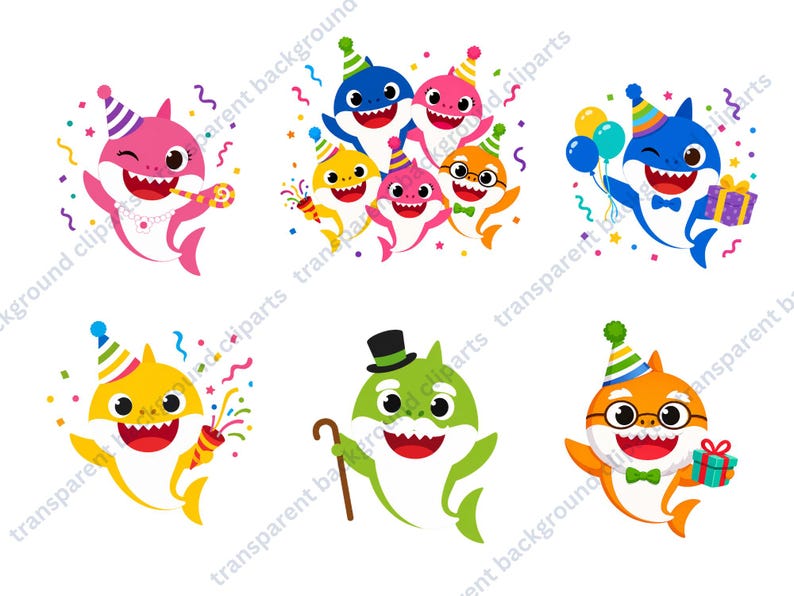 Peut inclure: Plusieurs illustrations de requins de dessins anim&eacute;s aux couleurs vives, chacun portant un chapeau de f&ecirc;te et c&eacute;l&eacute;brant. Certains requins tiennent des cadeaux de f&ecirc;te, des ballons ou des cadeaux, avec des confettis et des serpentins.