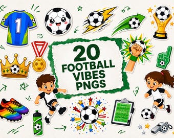 Lot de 20 cliparts PNG de football | Autocollants PNG de football | Ensemble de cliparts sportifs | Graphiques de football pour enfants | Fond transparent | Téléchargement instantané
