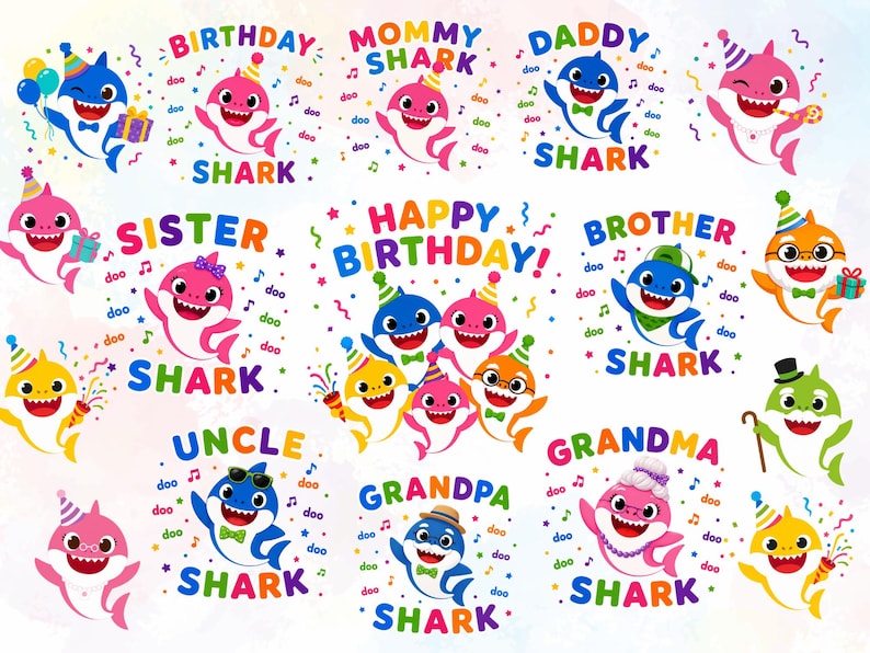 Peut inclure: Illustrations de requins de dessins anim&eacute;s color&eacute;s avec des textes tels que "Anniversaire", "Maman Requin" et "Papa Requin". Chaque requin est d&eacute;cor&eacute; avec des chapeaux de f&ecirc;te et des accessoires, parfaits pour les anniversaires.