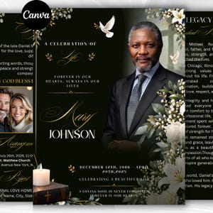 Puede incluir: Una plantilla de programa funerario con fondo negro y texto dorado, un retrato de un hombre con traje, lirios blancos y una paloma volando. El texto incluye A CELEBRATION OF LIFE, MARY JOHNSON, DECEMBER 12TH, 1986 - APRIL 20TH, 2025 y otros detalles.