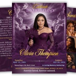 May include: A funeral program template featuring a portrait of a person in a dark purple off-the-shoulder dress holding a matching fan. The design includes the text Celebrate THE LIFE & LEGACY, Olivia Thompson, Sunrise MAY 15, 1985, and Sunset SEP 20, 2024.