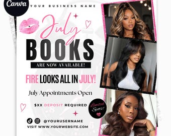 Luxus Juli Buchungsflieger Canva Vorlage | Bearbeitbarer Beauty Termin Flyer für Haare, Wimpern, Nägel, Make-up und Perücken-Services