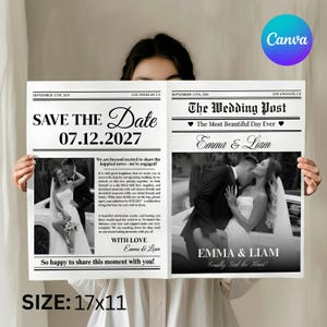 Op de afbeelding: Een zwart-wit trouwaankondiging in krantenstijl getiteld The Wedding Post, met de tekst Save The Date 07.12.2027, Emma & Liam, en twee zwart-witfoto's van een koppel. Het document meet 43,18x27,94 cm.