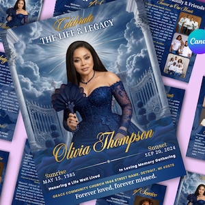 May include: A funeral program template featuring a portrait of a person in a dark blue off-the-shoulder gown holding a fan. The design includes a sky background with clouds, white gates, and gold text reading Celebrate The Life & Legacy, Olivia Thompson, Sunrise May 15, 1985, Sunset Sep 20, 2024, and In Loving Memory Gathering.