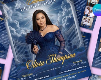 May include: A funeral program template featuring a portrait of a person in a dark blue off-the-shoulder gown holding a fan. The design includes a sky background with clouds, white gates, and gold text reading Celebrate The Life & Legacy, Olivia Thompson, Sunrise May 15, 1985, Sunset Sep 20, 2024, and In Loving Memory Gathering.