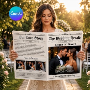 Puede incluir: Un periódico de boda personalizado titulado The Wedding Herald con el titular Our Love Story, una cronología de fotos y una imagen central de una pareja llamada Emma y Daniel. El diseño incluye secciones de texto, fechas y detalles florales.