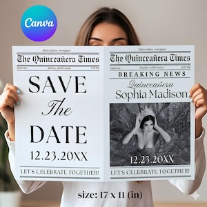 Quinceañera Save the Date Newspaper Template, Editable Canva Invitation, Custom Birthday Announcement Photo Prop Digital Download
