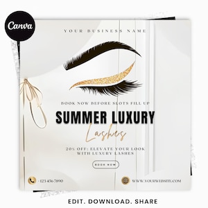 May include: A promotional graphic for lash services featuring a stylized eye with black lashes and a gold glitter eyelid. Text includes YOUR BUSINESS NAME, SUMMER LUXURY Lashes, 20% OFF: ELEVATE YOUR LOOK WITH LUXURY LASHES, BOOK NOW, and contact details.