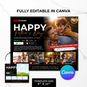 May include: A digital Father's Day card template measuring 8 inches by 10 inches, featuring a black background with the text DADSTREAM, HAPPY Father's Day, and various photo placeholders. The design includes a gold laurel wreath icon and the text BEST DAD EVER.