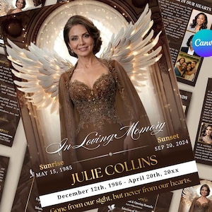 Può includere: Un modello di programma funebre con il ritratto di una donna con grandi ali d'angelo bianche. Il testo recita In Loving Memory, Julie Collins, Sunrise May 15, 1985, Sunset Sep 20, 2024, e December 12th, 1986 - April 20th, 20xx su sfondo marrone.