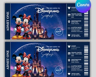 Plantilla editable de boleto sorpresa para Disneyland París en Canva / Pase de revelación de vacaciones Disney imprimible / Regalo de viaje Disney (descarga instantánea)