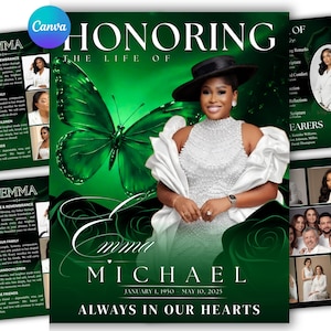Pode incluir: Um modelo de programa funerário com fundo verde profundo, uma grande borboleta, o retrato de uma pessoa com vestido branco de contas e chapéu preto, e o texto HONORING THE LIFE OF EMMA MICHAEL JANUARY 1, 1950 - MAY 10, 2025 ALWAYS IN OUR HEARTS.
