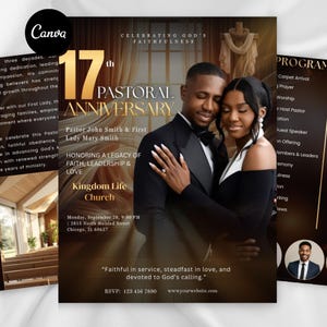 Puede incluir: Un folleto digital para un 17º aniversario pastoral con una pareja en traje formal. El texto incluye '17th Pastoral Anniversary', 'Pastor John Smith & First Lady Mary Smith', 'Kingdom Life Church' y detalles del evento en Chicago, IL.