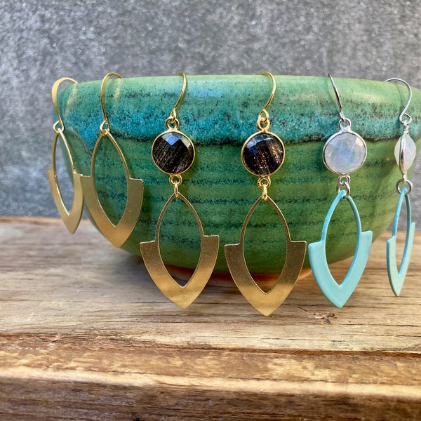 These Geometric Dangle Earrings Come in 4 Styles, Turquoise with Rainbow Moonstone, Gold with Copper Infused Bezels, Brass or Steel