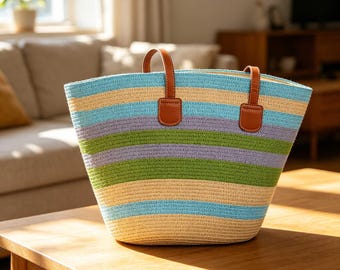 Colourful Crochet Shoulder Bag - Handmade Boho Striped Straw Bag with Zipper & Sturdy Base - Summer Beach Vacation Tote - Woven Handbag