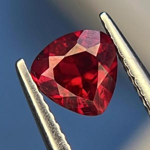 Op de afbeelding: Een levendige, dieprode edelsteen met een driehoekige, gefacetteerde slijpvorm, vastgehouden door een zilverkleurige metalen pincet. De steen vertoont een briljant, reflecterend oppervlak met scherpe geometrische randen en een verzadigde karmozijnrode kleur.