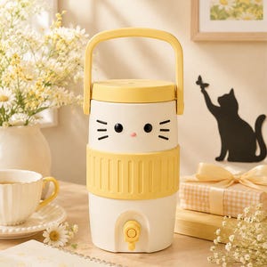 Pode incluir: Um dispensador de bebidas cilíndrico branco com pega e tampa amarelas, apresentando uma cara de gato estilizada com olhos pretos, bigodes e um pequeno nariz cor-de-rosa. O dispensador tem uma faixa central amarela texturizada e uma torneira.