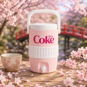 May include: A light pink beverage cooler with a white handle and lid, featuring the Diet Coke logo in dark pink text on the front. The cylindrical cooler includes a white ribbed middle section and a small white spigot at the bottom base.