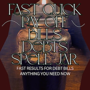 May include: A clear glass jar filled with dried herbs and botanical materials, topped with a metal lid and a lit candle. The text reads: FAST QUICK PAY OFF BILLS DEBTS SPELL JAR, FAST RESULTS FOR DEBT BILLS, ANYTHING YOU NEED NOW.