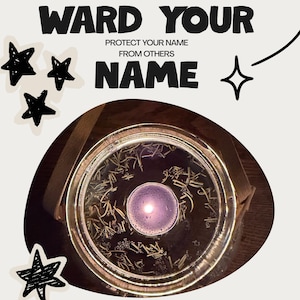 May include: A glass jar candle with a lit purple tea light in the center, surrounded by dried herbs. The text WARD YOUR NAME PROTECT YOUR NAME FROM OTHERS is printed above, accompanied by black hand-drawn star illustrations on a light background.