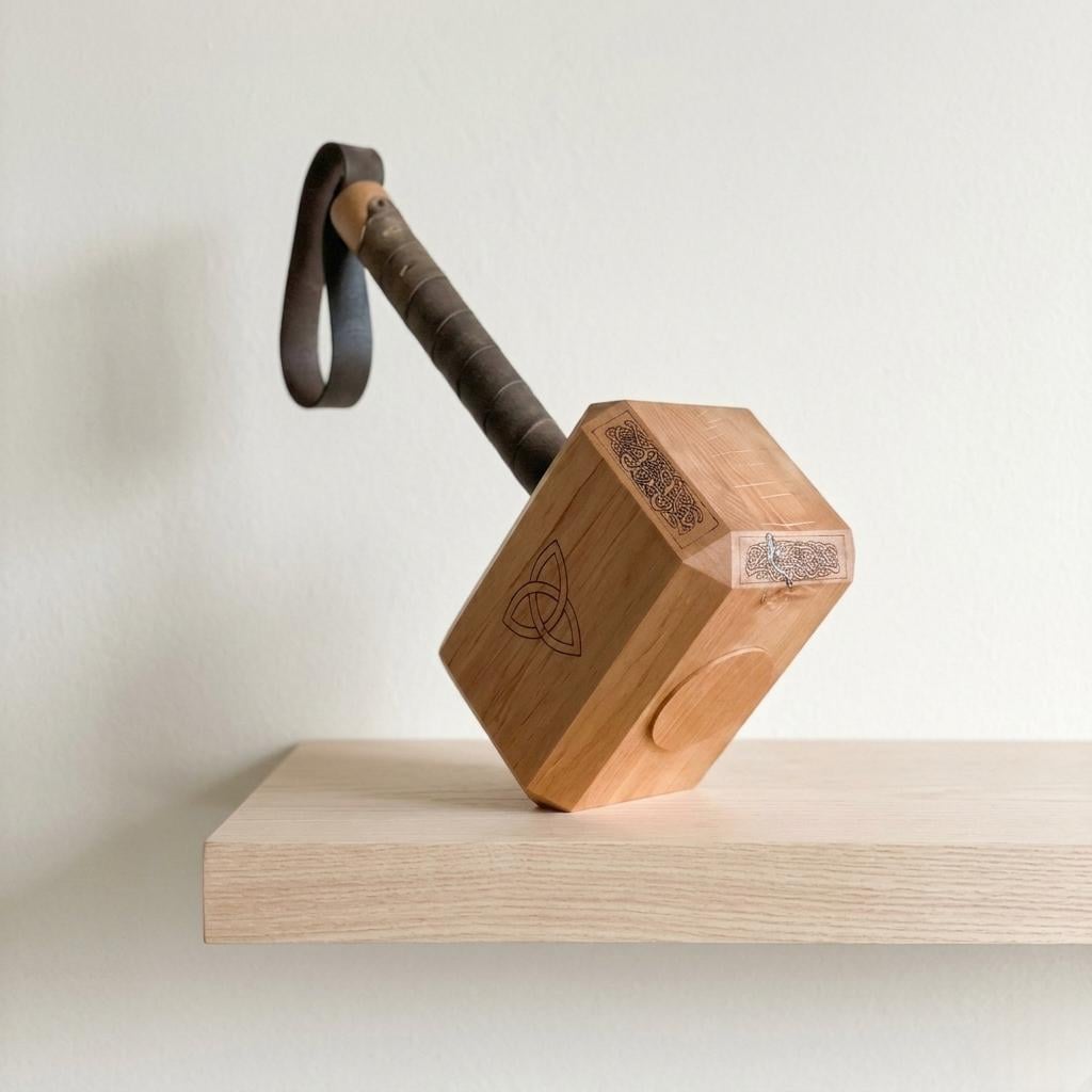 Handmade Wooden Thor Hammer Mjolnir, Engraved Norse Symbols, Leather Wrapped Cosplay Prop