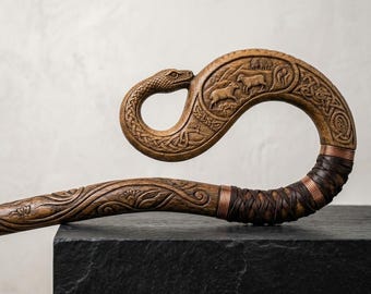 Hand Carved Snake Shepherd Crook Walking Cane, Leather Wrapped Wooden Hiking Staff
