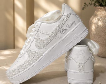 Personalized Wedding Sneakers for Bridal -Wedding Personalized Sneakers For The Bride -  Custom Prom Sneakers - Pearl Lace Bridal Shoes