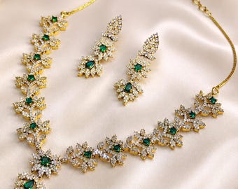 Emerald Green CZ Floral Necklace Set | Gold Plated Indian Party Wear Jewelry