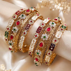 Conjunto de pulseiras tradicionais indianas douradas para noivas, pulseiras étnicas de designer, joias de casamento em estilo Kundan vermelho e verde, presente para ela.