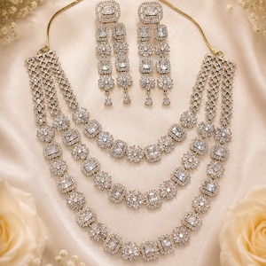 Indian Double Layer American Diamond Necklace Earring Set, Antique Multi-Layer Jewelry, Long Earrings Gift For Her
