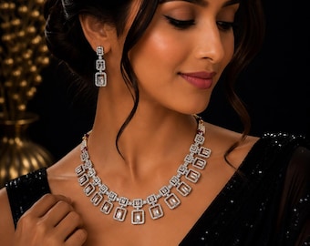 Indiskt traditionellt designerhalsband med CZ-sten och matchande örhänge | Förlovnings- och bröllopspresent till henne