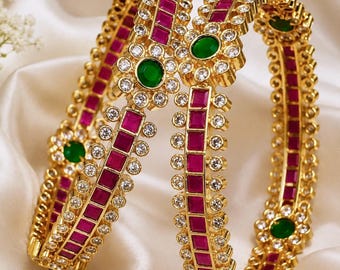 Indian Gold Plated AD Green Pink Stone Bangles Bracelets, Traditional Gifts, Bridal Wedding Jewelry