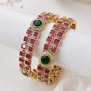 Indian Gold Plated Ruby Green Stone Bangles Bracelets, Bollywood Jewellery | Wedding Gift For Her