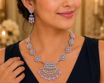 Ensemble collier rose indien | Bijoux de mariée en diamant américain CZ | Plaqué argent | Cadeaux de mariage et de fiançailles