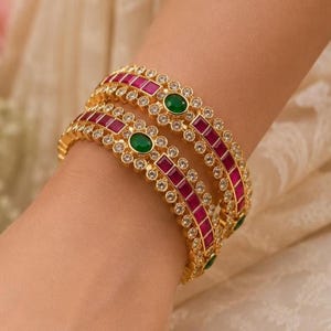 Indian Gold Plated Pink Green Bangles, Minimal Bracelets, Bridal Gifts, Wedding Jewellery