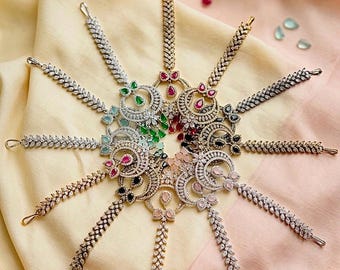 CZ Colored Stone Maang Tikka – Bridal Forehead Jewelry, Indian Wedding Festive Occasions