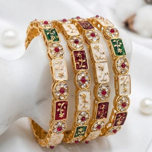 4Pc Traditional Gold Tone Multicolor Bangles, Red Green Crystal Floral Indian Bridal Jewelry, Festive Ethnic Bangle Set Gift For Her