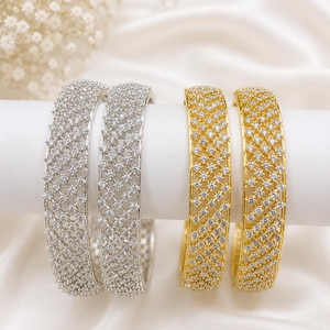 1 Pair CZ Stone Bangles, Gold & Silver Bracelet Set, Indian Bridal Wedding Jewelry Gift For Her