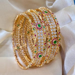 Indian Gold Tone Green & Ruby CZ Bridal Bangles Set | Kundan Style Wedding Jewelry | Multicolor Stone’s | Gift For Her