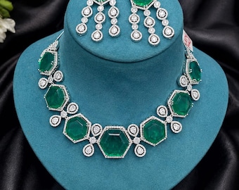 Emerald Green Hexagon Statement Necklace Set, Cubic Zirconia Bridal Jewelry