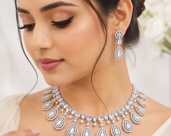 Indian Traditional Silver CZ Stone Designer Necklace With Matching Earring | Party Wear & wedding Gift For Her