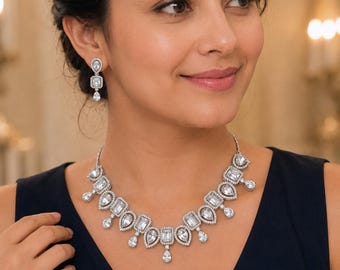 Indian CZ Diamond Necklace Set | Silver Bridal Statement Drop Earrings