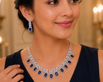 CZ Indian Sapphire Blue Crystal Necklace & Earrings Set | Silver Plated Statement Bridal Jewelry