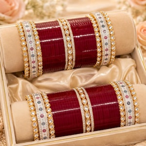 Indian Bridal Red Chura Set | Kundan CZ Bangles, Punjabi Dot Choora Wedding Jewelry