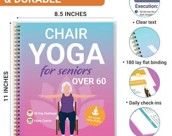 Chair Yoga Book For Seniors, 30 Seated Exercise Poses with QR Video Guide, 30 Day Challenge, Laminated Tracker, Gift For Elderly