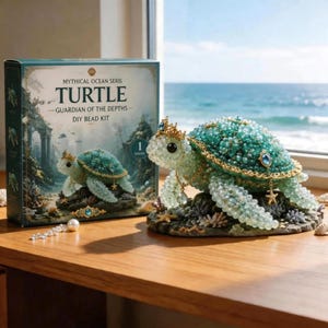 Könnte beinhalten: Eine DIY-Perlenbausatz-Box mit der Aufschrift Mythical Ocean Seris Turtle Guardian of the Depths und einer fertigen Schildkrötenfigur aus Perlen. Die Figur ist eine Meeresschildkröte aus hellgrünen und weißen Perlen mit einer goldenen Krone und einer Kette mit Seestern-Anhänger.