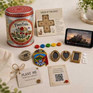 May include: A TinsTale UK Cultural Heritage tin container, a Siege of the Rock game board, a smartphone displaying Edinburgh Castle, five coloured buttons, a cannonball button, an Edinburgh Castle emblem, three small frames, and a QR code card.
