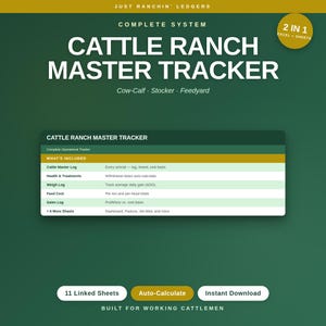 Puede incluir: Un producto digital verde y dorado llamado "Cattle Ranch Master Tracker", diseñado para la gestión ganadera. Incluye funciones para registros de ganado, salud y costes de alimentación. Diseñado para ganaderos, incluye 11 hojas enlazadas.
